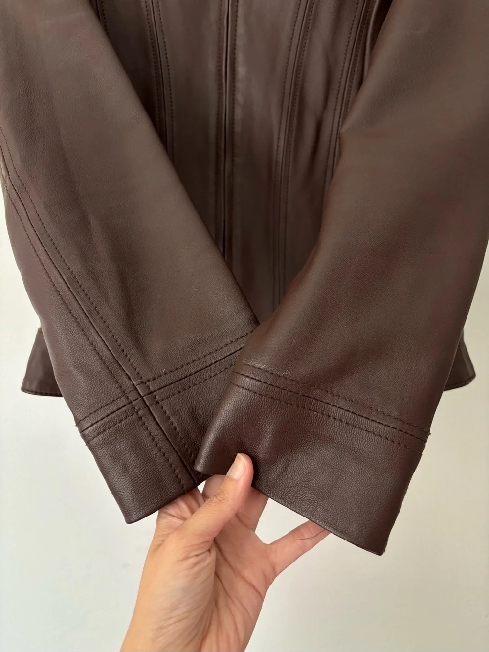 Y2K Brown Preppy Leather Grunge Zip Up Biker Jacket - Size Small